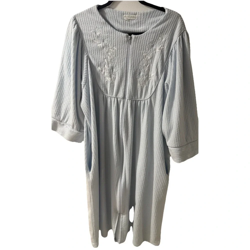 MISS‎ ELAINE Embroidered Blue Long Fleece Puff 3/4 Sleeve Bathrobe Full Zip XL